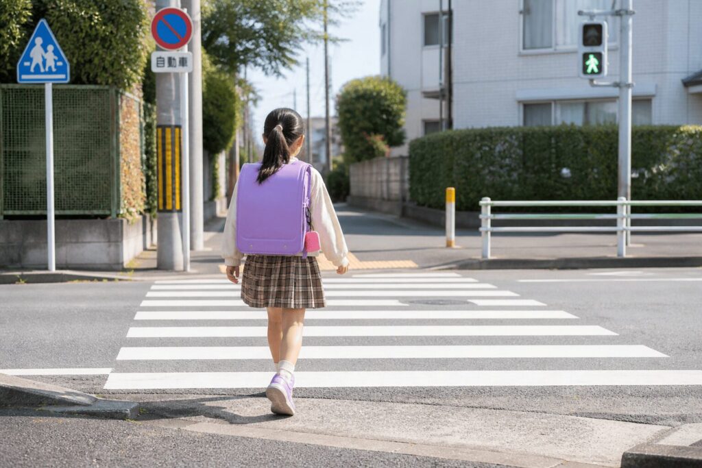 小学生の登下校中に横断歩道を渡る様子（GPSで見守りが必要な場面）