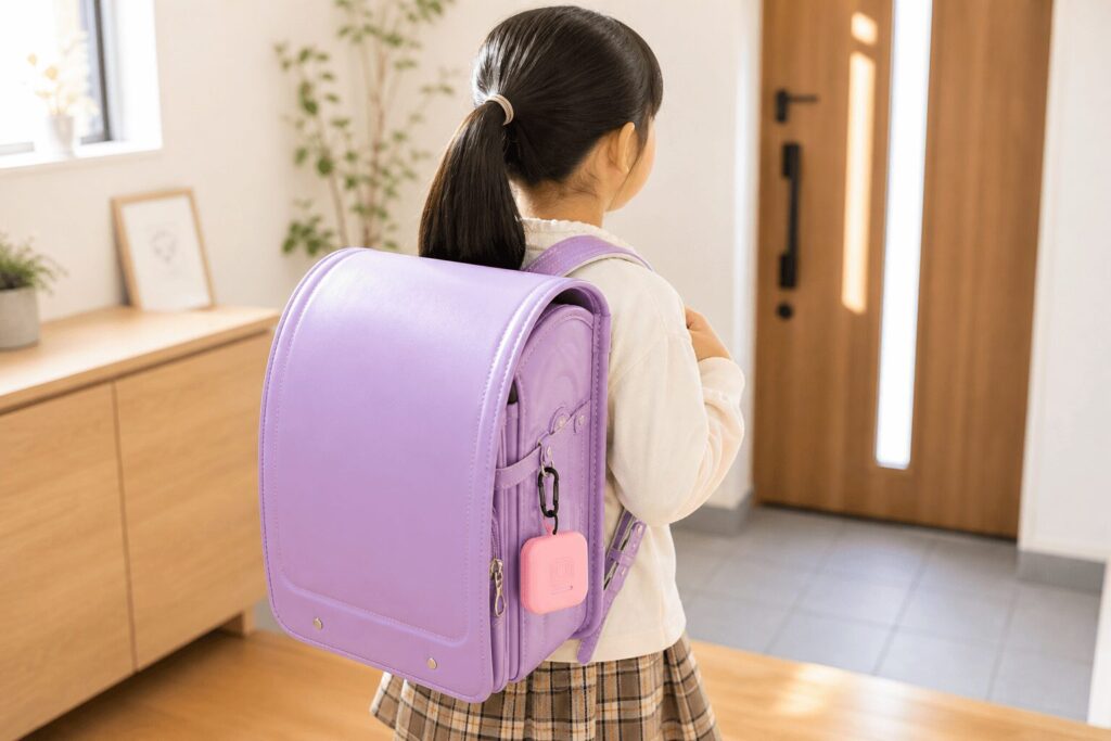 登下校時にランドセルにGPSをつけたまま使っている小学生の様子